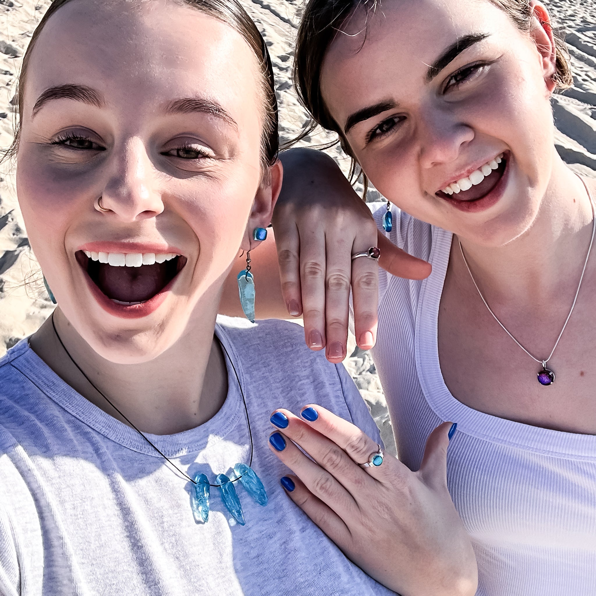 Ivy Ring and Caitlin ring with Cindy Poole Glass Artist jewellery worn by young fun loving women.