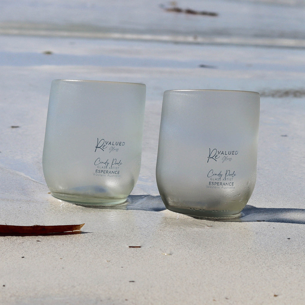 ReValued Glass Tumbler showcasing the beauty of the glass beach inspired aesthetic