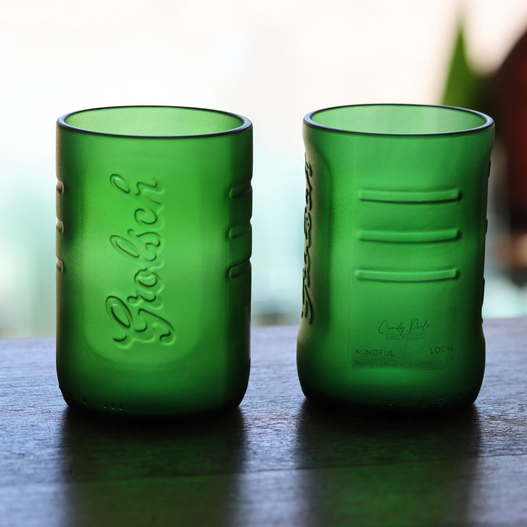 A set of two Revalued Groen Tumblers made from  upcycled Grolsch bottles to become  eco-elegant drinkware gifts or home décor collectors items.